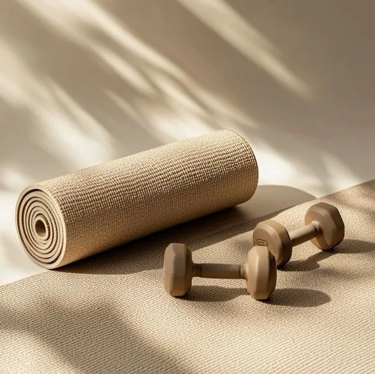 Pilates mat και μικρά βαράκια σε ήρεμους ουδέτερους τόνους